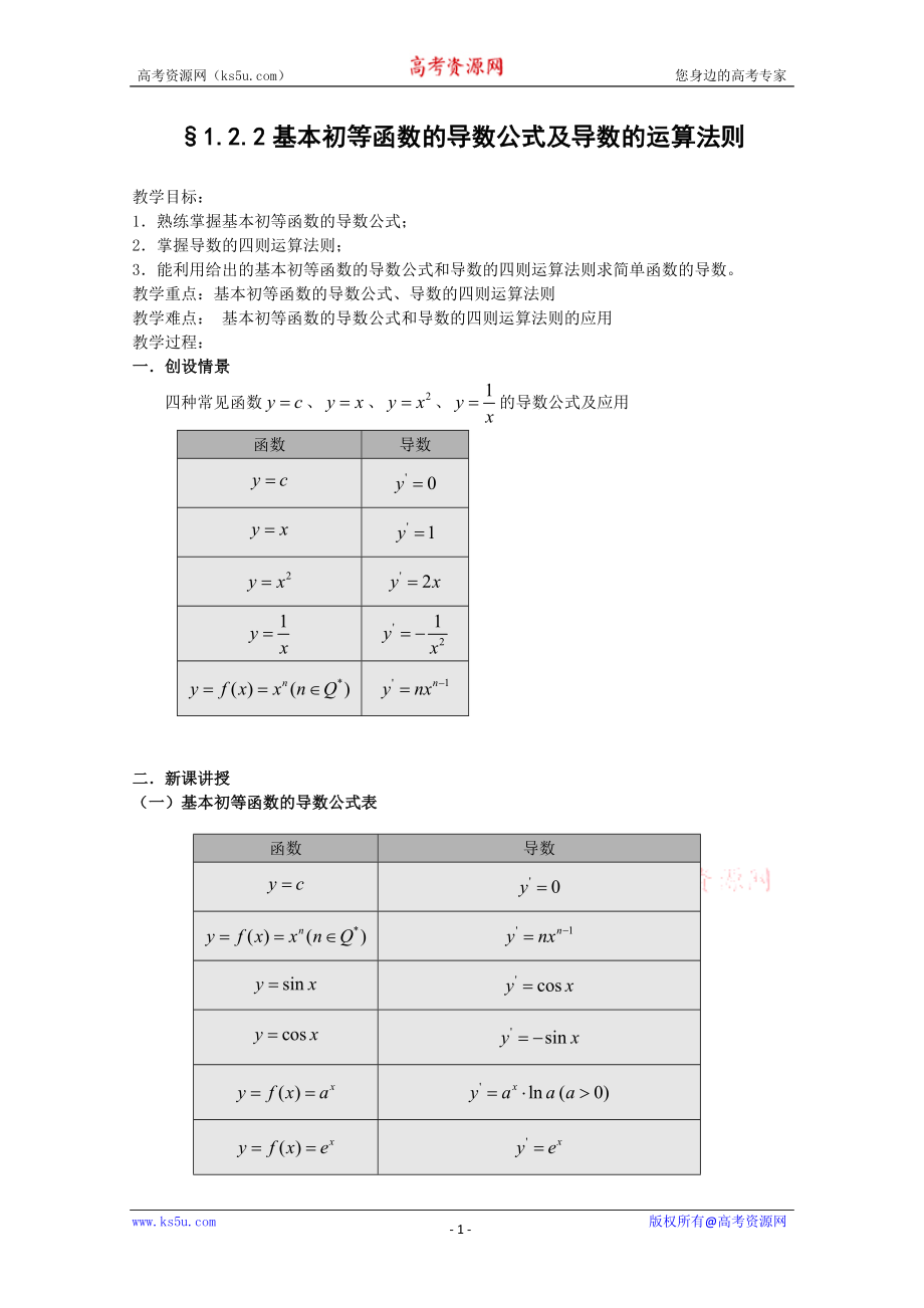 122基本初等函數(shù)的導數(shù)公式及導數(shù)的運算法則教案_第1頁