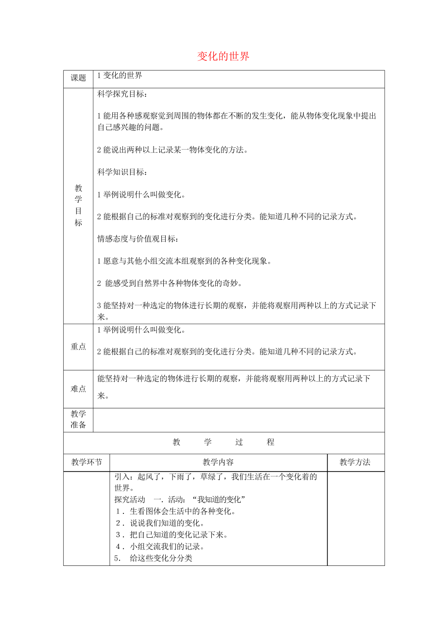 四年級科學下冊第1課《變化的世界》教案1冀教版_第1頁