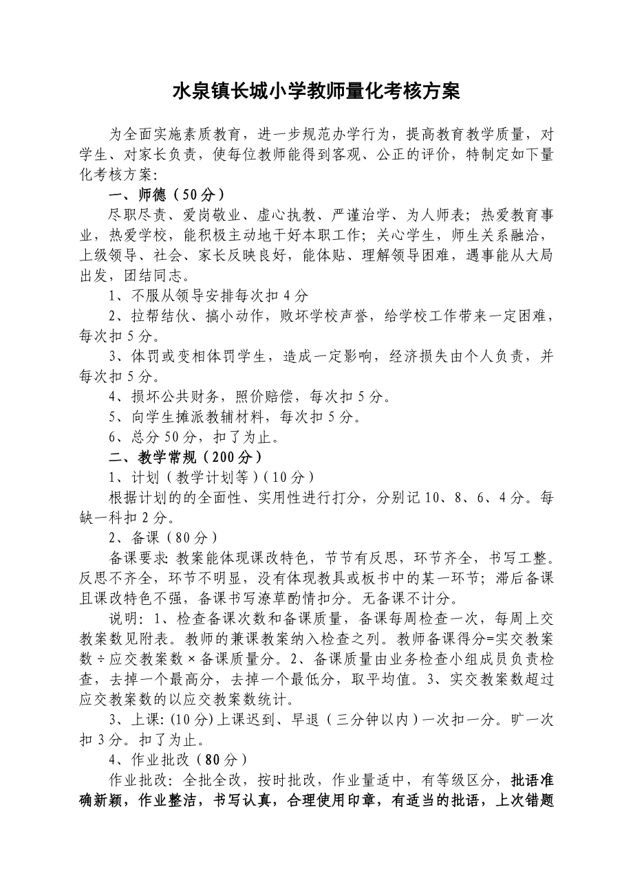 水泉镇长城小学教师量化考核方案_第1页