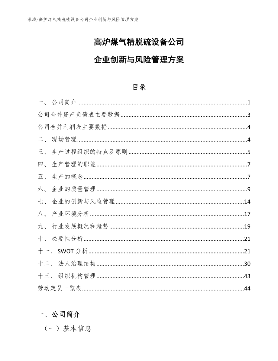 高炉煤气精脱硫设备公司企业创新与风险管理方案【范文】_第1页