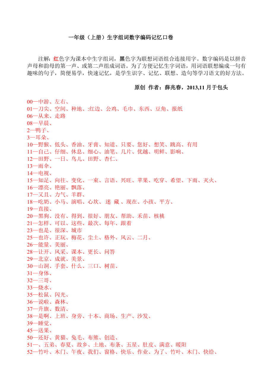 新编小学一级上册生字数字编码记忆口卷_第1页