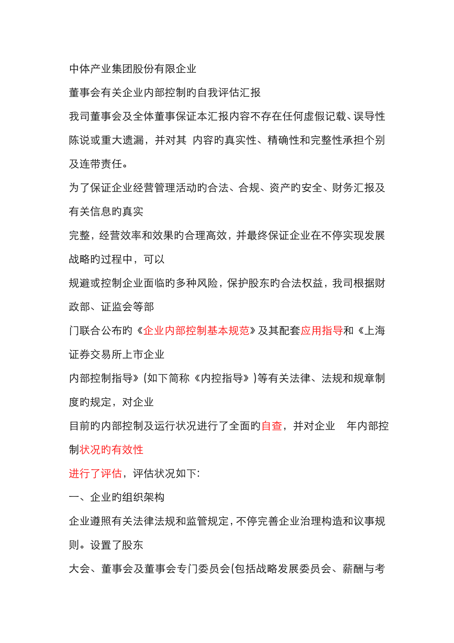 中体产业集团股份有限公司自我评价报告_第1页