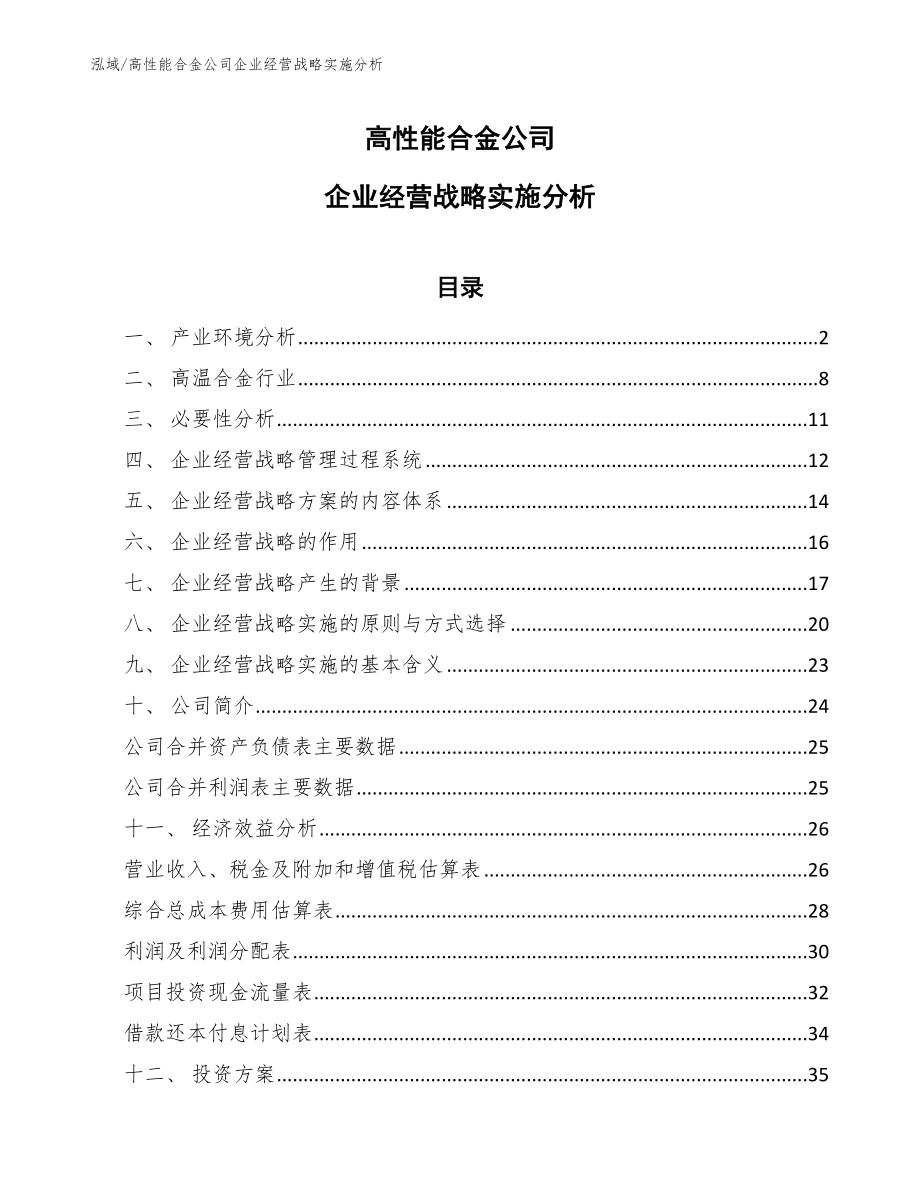 高性能合金公司企业经营战略实施分析（范文）_第1页