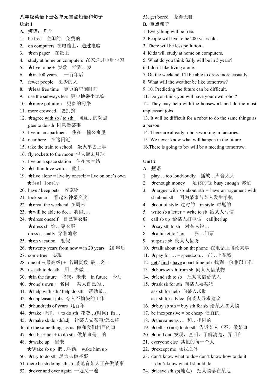 八年级英语下册(1-6)各单元重点短语和句子_第1页