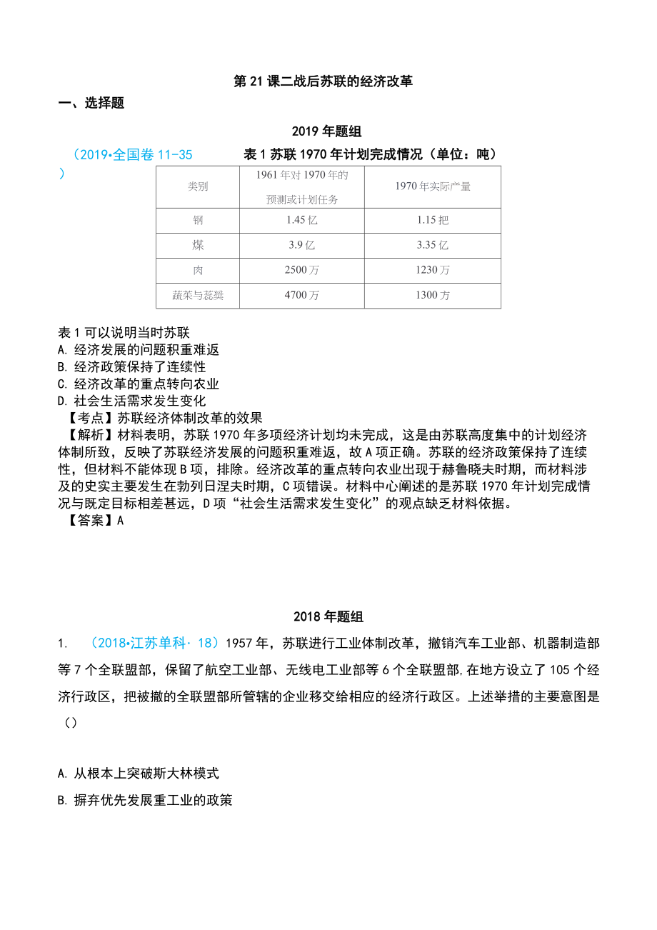 2015-2019高考?xì)v史試題分類 第21課 二戰(zhàn)后蘇聯(lián)的經(jīng)濟(jì)改革_第1頁