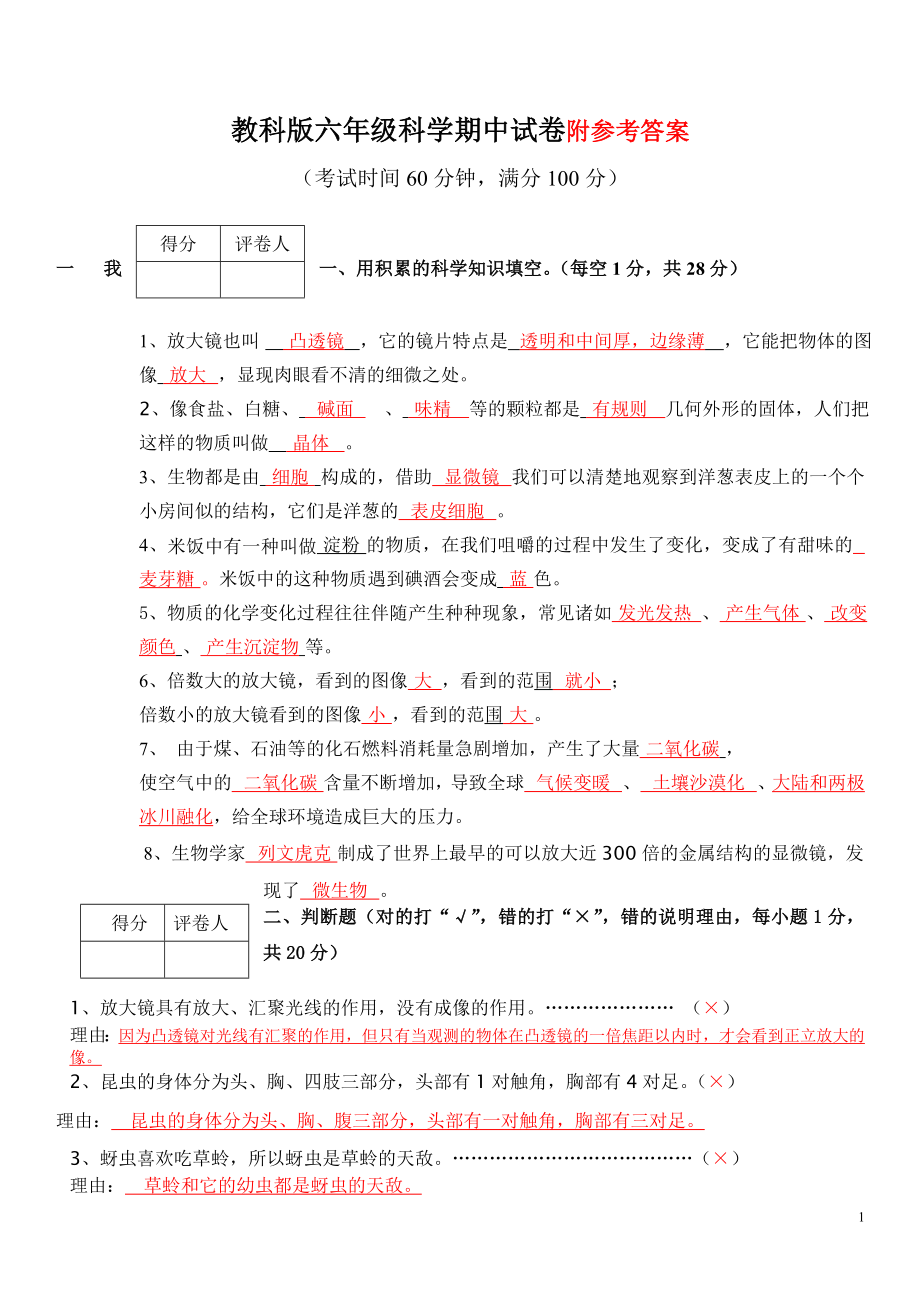 教科版六年級下冊科學(xué) 期中測試題(含答案)_第1頁