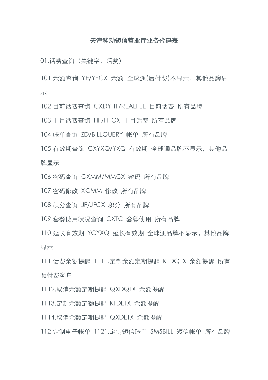 天津移动短信营业厅业务代码表(完整版)_第1页