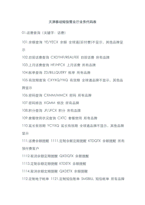 天津移动短信营业厅业务代码表(完整版)