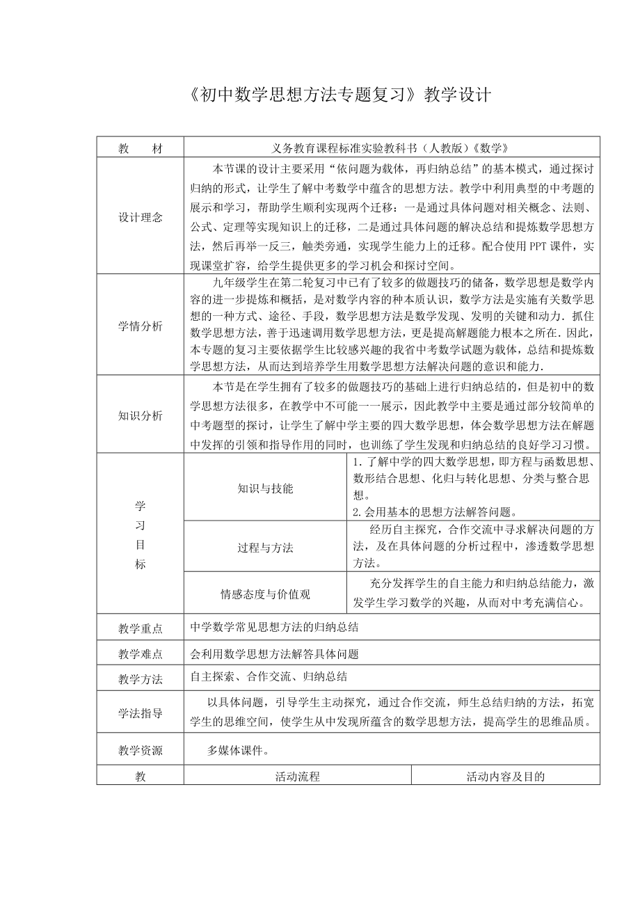 初中数学思想方法专题复习教学设计_第1页