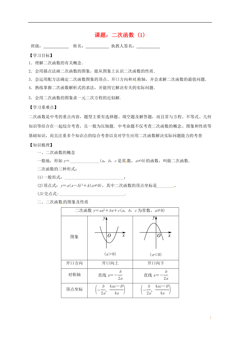 江蘇省句容市2017中考數(shù)學(xué)第一輪復(fù)習(xí) 二次函數(shù)學(xué)案1（無(wú)答案）_第1頁(yè)