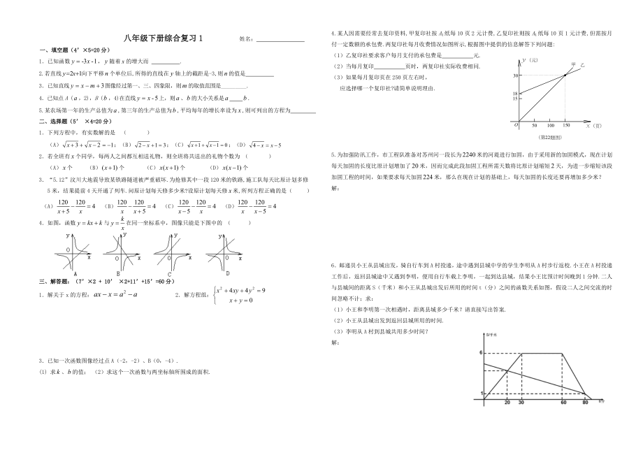 上海沪教版八年级数学下册综合复习(共1页)_第1页