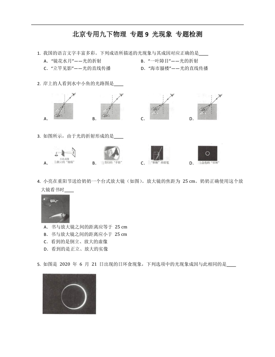 北京專用九年級(jí)下學(xué)期物理 專題9 光現(xiàn)象 專題檢測_第1頁