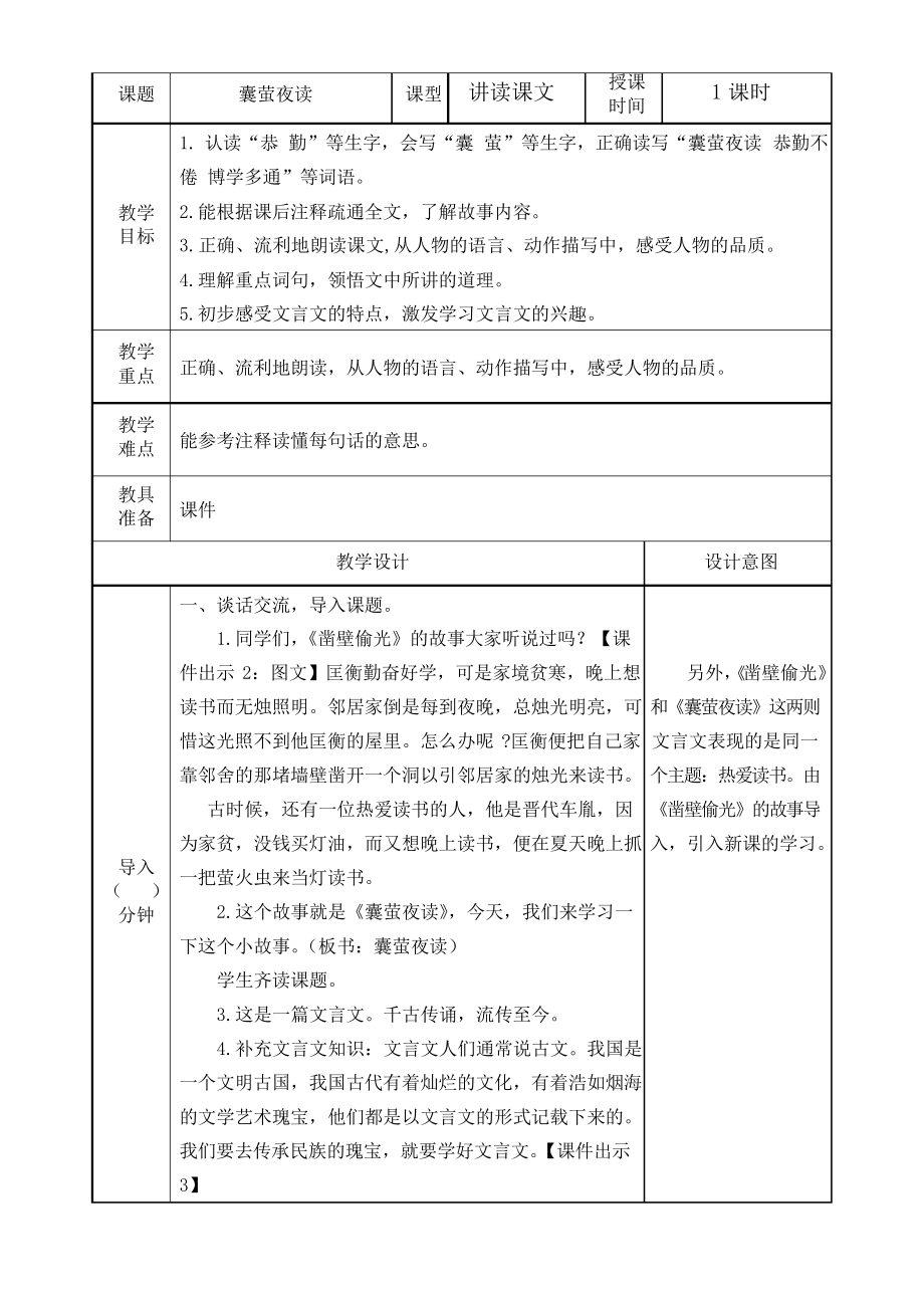 四年级语文教案 囊萤夜读-公开课比赛一等奖_第1页