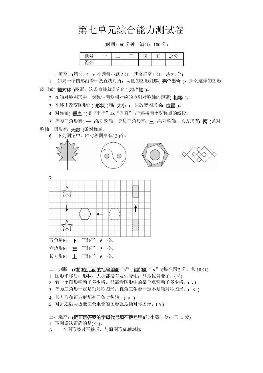 四年級(jí)下冊(cè)數(shù)學(xué)試題 第7單元綜合能力測(cè)試卷 人教版有答案_第1頁(yè)