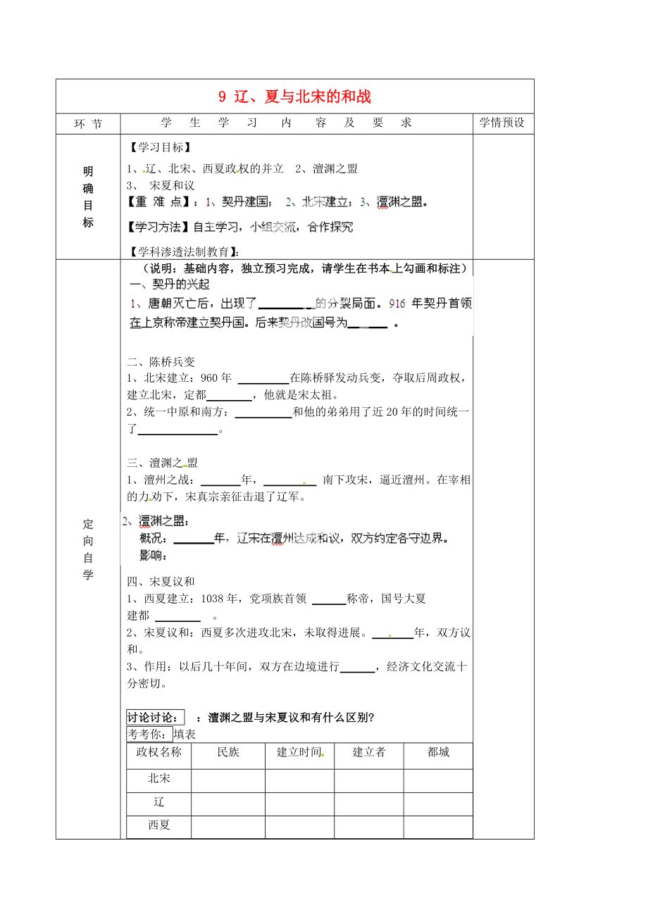 貴州省六盤水市第十三中學(xué)七年級(jí)歷史下冊(cè) 第六單元 9 遼、夏與北宋的和戰(zhàn)導(dǎo)學(xué)案（無答案） 岳麓版_第1頁