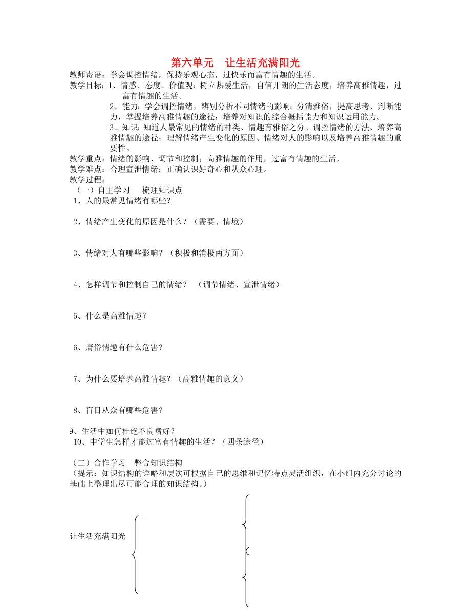 2015山東省泰安市新泰七年級政治下冊 第六單元 讓生活充滿陽光復(fù)習(xí)學(xué)案 魯教版_第1頁