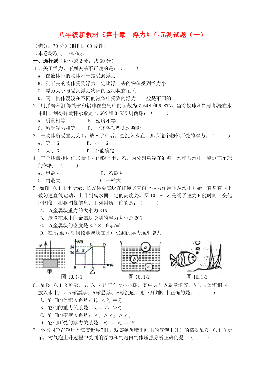 八年級物理下冊《第十章浮力》單元綜合測試題（一）（新版）新人教版_第1頁