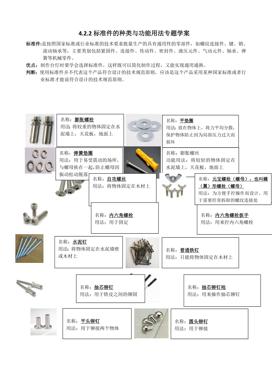 4.2.2标准件种类和功能用法专题学案_第1页