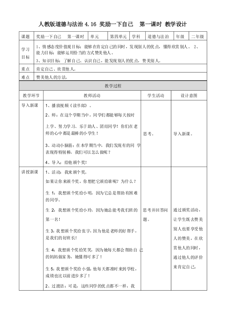 人教部編版二年級(jí)道德與法治下冊(cè)第16課《獎(jiǎng)勵(lì)一下自己》優(yōu)秀教案_第1頁(yè)