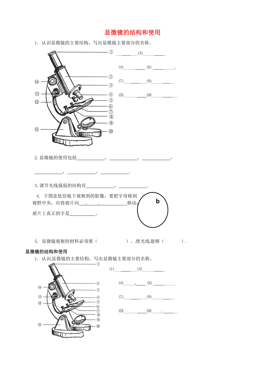 河北省唐山市第十六中学七年级生物上册《显微镜的结构和使用》练习（无答案） 新人教版_第1页