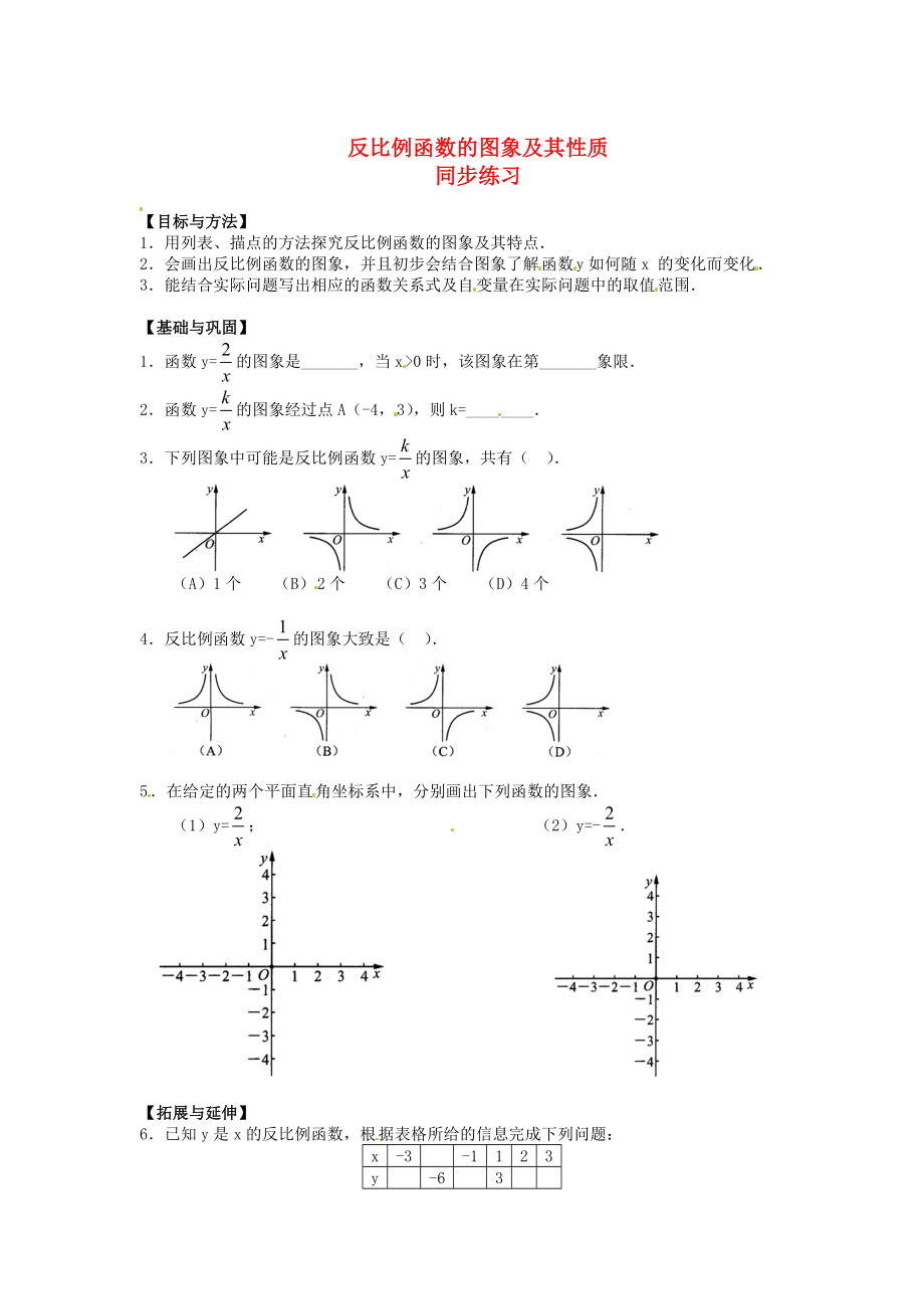 2013年中考數(shù)學(xué)知識點(diǎn) 反比例函數(shù)專題專練 反比例函數(shù)的圖象及其性質(zhì)同步練習(xí)題（無答案）_第1頁