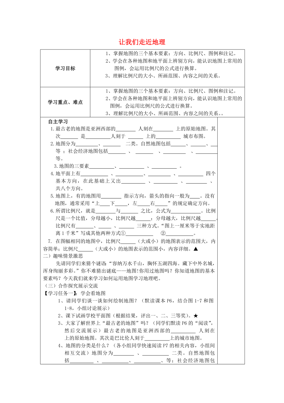 2015七年級地理上冊 第一章 讓我們走近地理導學案（無答案） 湘教版_第1頁