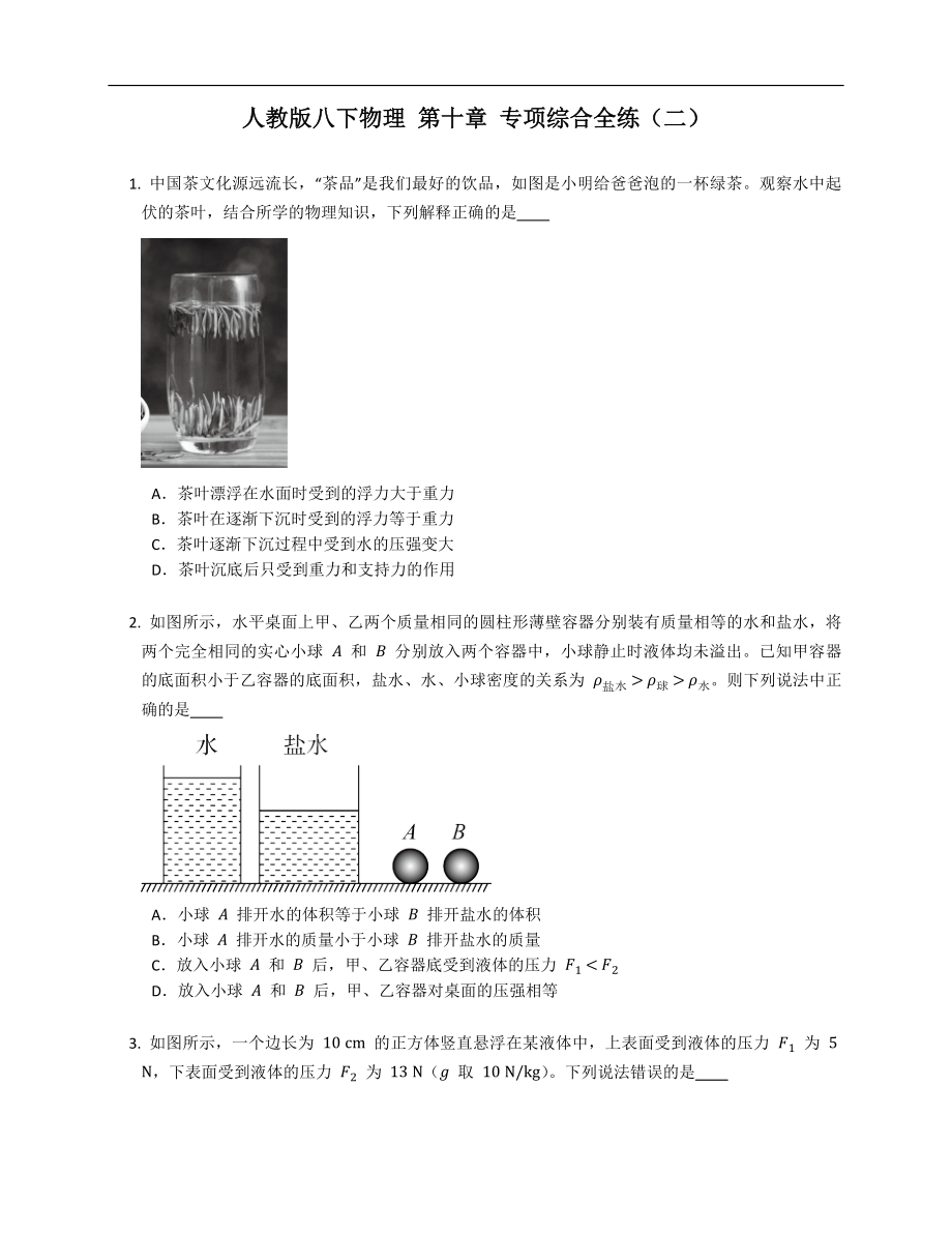 人教版八年級(jí)下學(xué)期物理 第十章 專項(xiàng)綜合全練（二）_第1頁