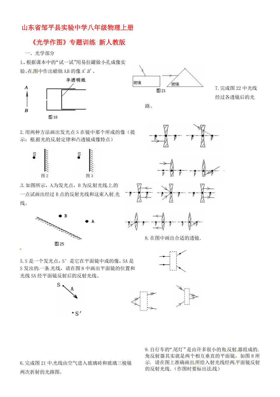 山東省鄒平縣實驗中學(xué)八年級物理上冊《光學(xué)作圖》專題訓(xùn)練 新人教版_第1頁