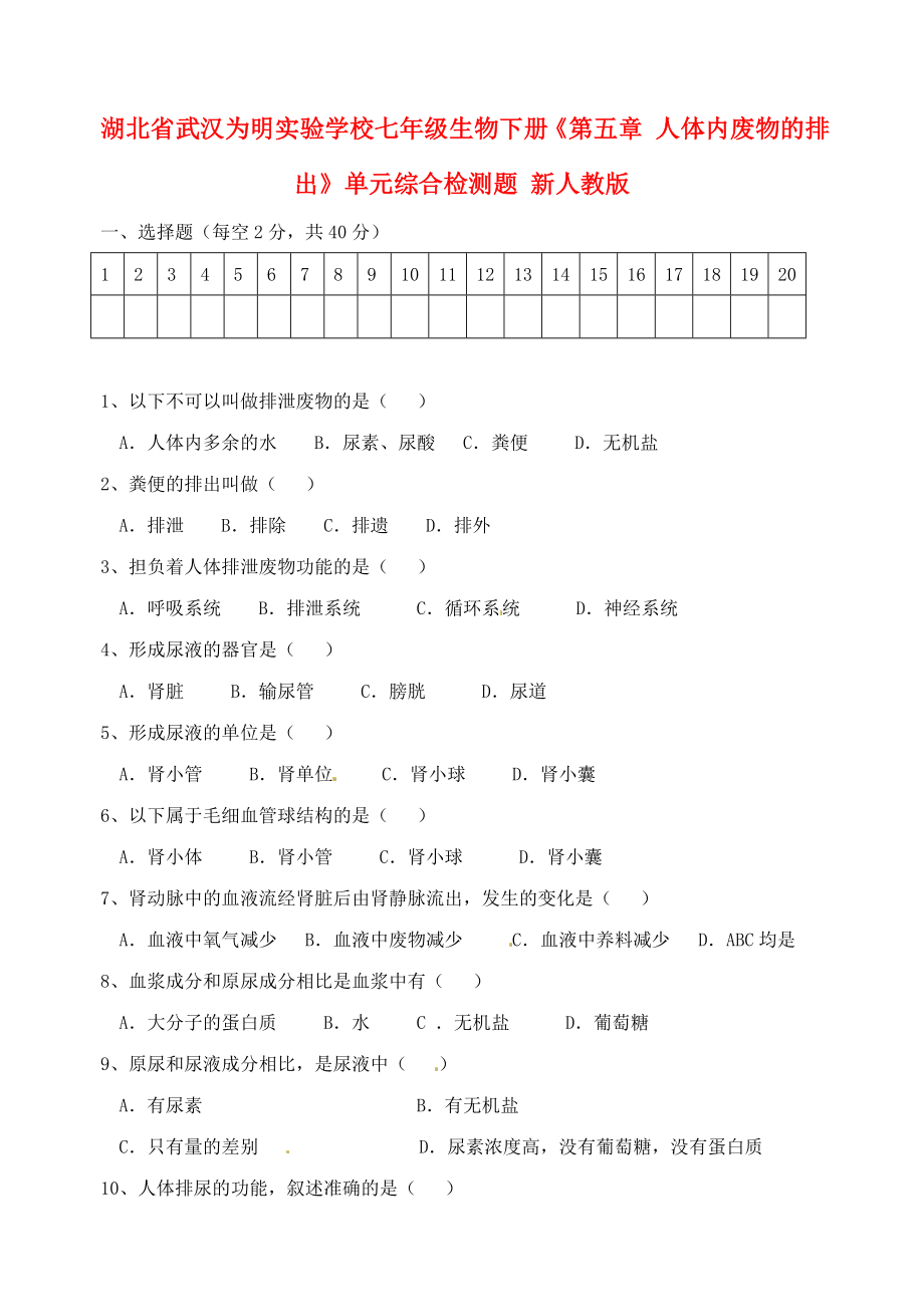 湖北省武漢為明實驗學校七年級生物下冊《第五章 人體內(nèi)廢物的排出》單元綜合檢測題（無答案） 新人教版_第1頁