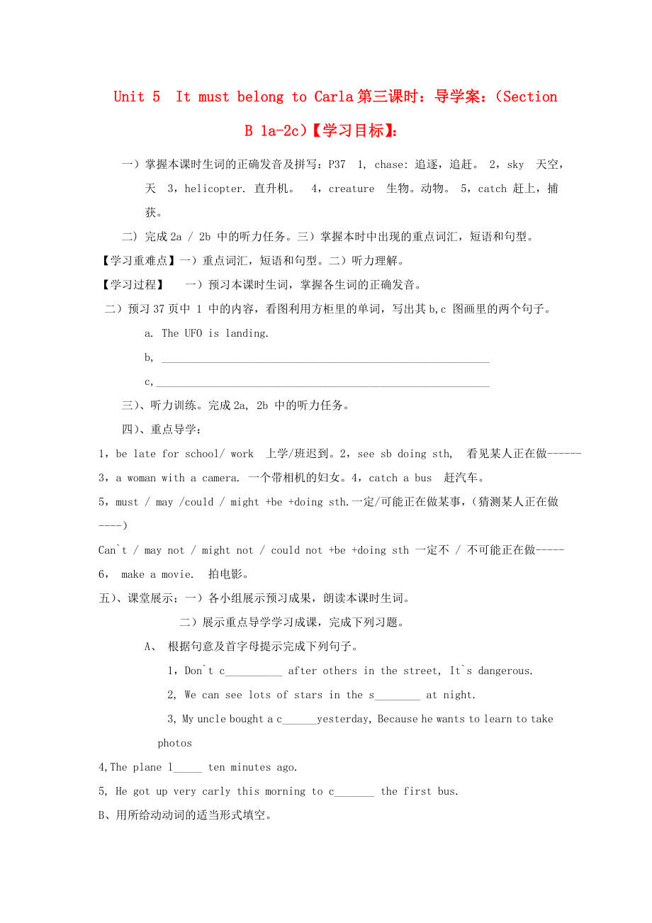 黑龙江省黑河市爱辉镇中学九年级英语全册 Unit 5 It must belong to Carla 导学案3（无答案） 人教新目标版_第1页