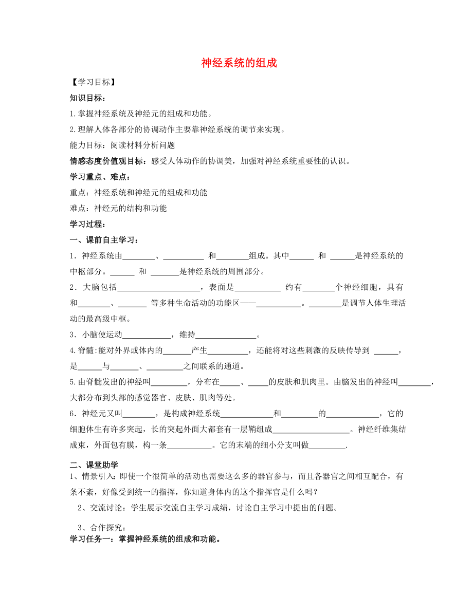 2015年七年级生物下册 4.6.2 神经系统的组成导学案（无答案） 新人教版_第1页