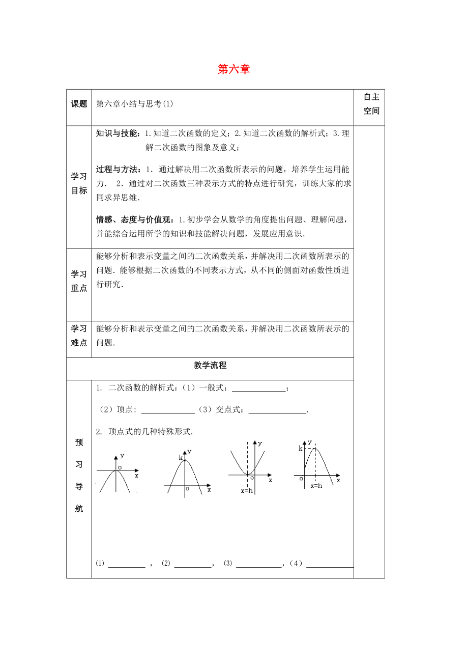 2018届九年级数学下册第6章二次函数小结与思考(1)导学案无答案苏科版_第1页