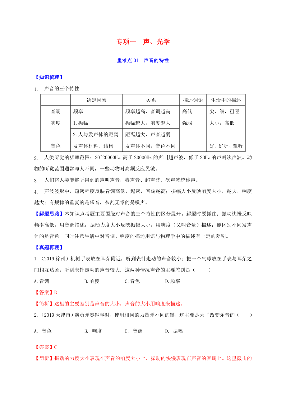 2020年中考物理重难点专练01声音的特征专项一声光学含解析_第1页