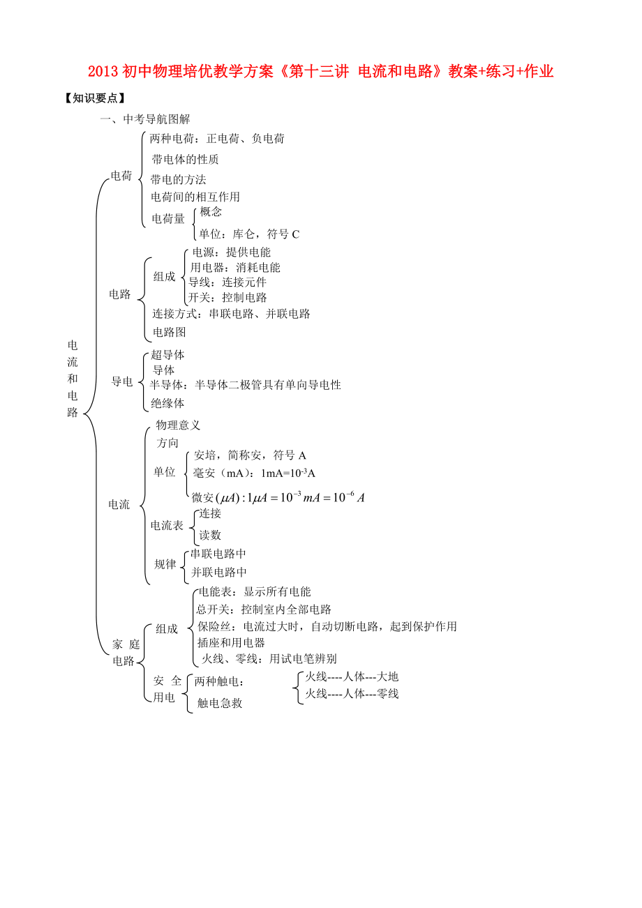 2013年初中物理 培優(yōu)教學方案 第十三講《電流和電路》教案+練習+作業(yè)（無答案）_第1頁