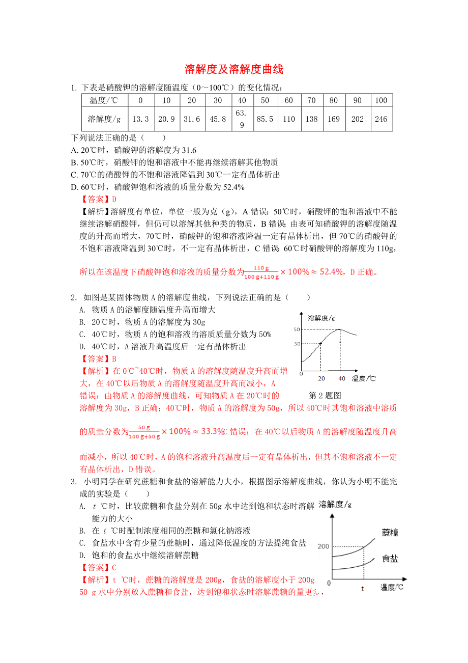 安徽省2015中考化学考点拓展 溶解度及溶解度曲线_第1页