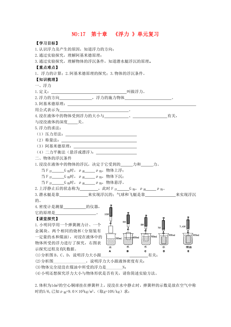 2013年八年級物理下冊 第十章《浮力 》單元復(fù)習(xí)導(dǎo)學(xué)案（無答案）（新版）新人教版_第1頁