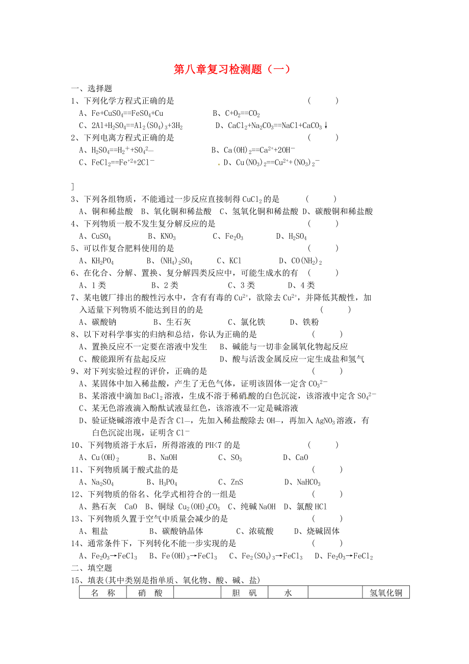 北京市和平北路学校中考化学总复习第八章检测题无答案_第1页