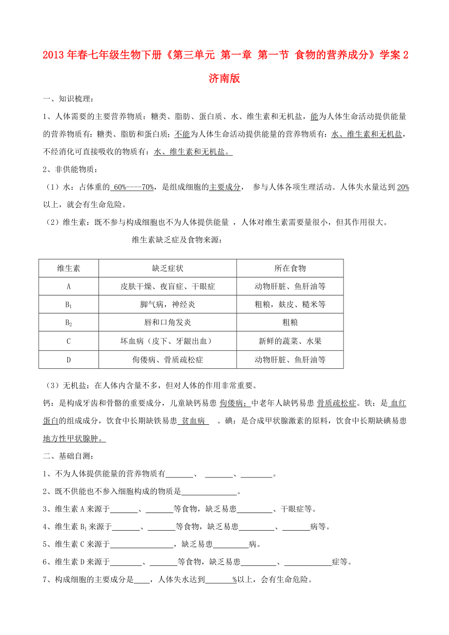 2013年春七年級(jí)生物下冊(cè)《第三單元 第一章 第一節(jié) 食物的營養(yǎng)成分》學(xué)案2（無答案） 濟(jì)南版_第1頁