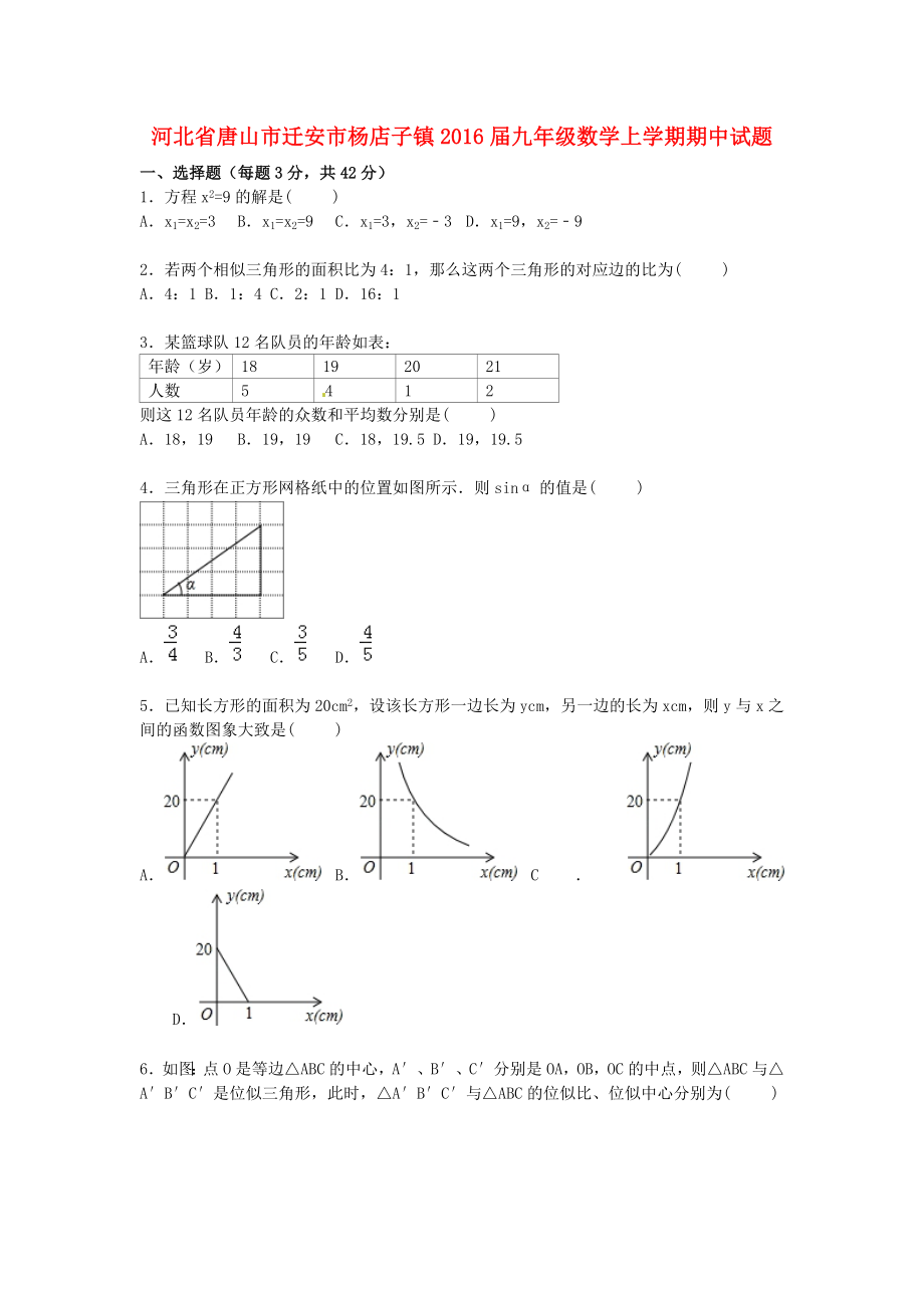 河北省唐山市遷安市楊店子鎮(zhèn)2016屆九年級(jí)數(shù)學(xué)上學(xué)期期中試題含解析新人教版_第1頁(yè)