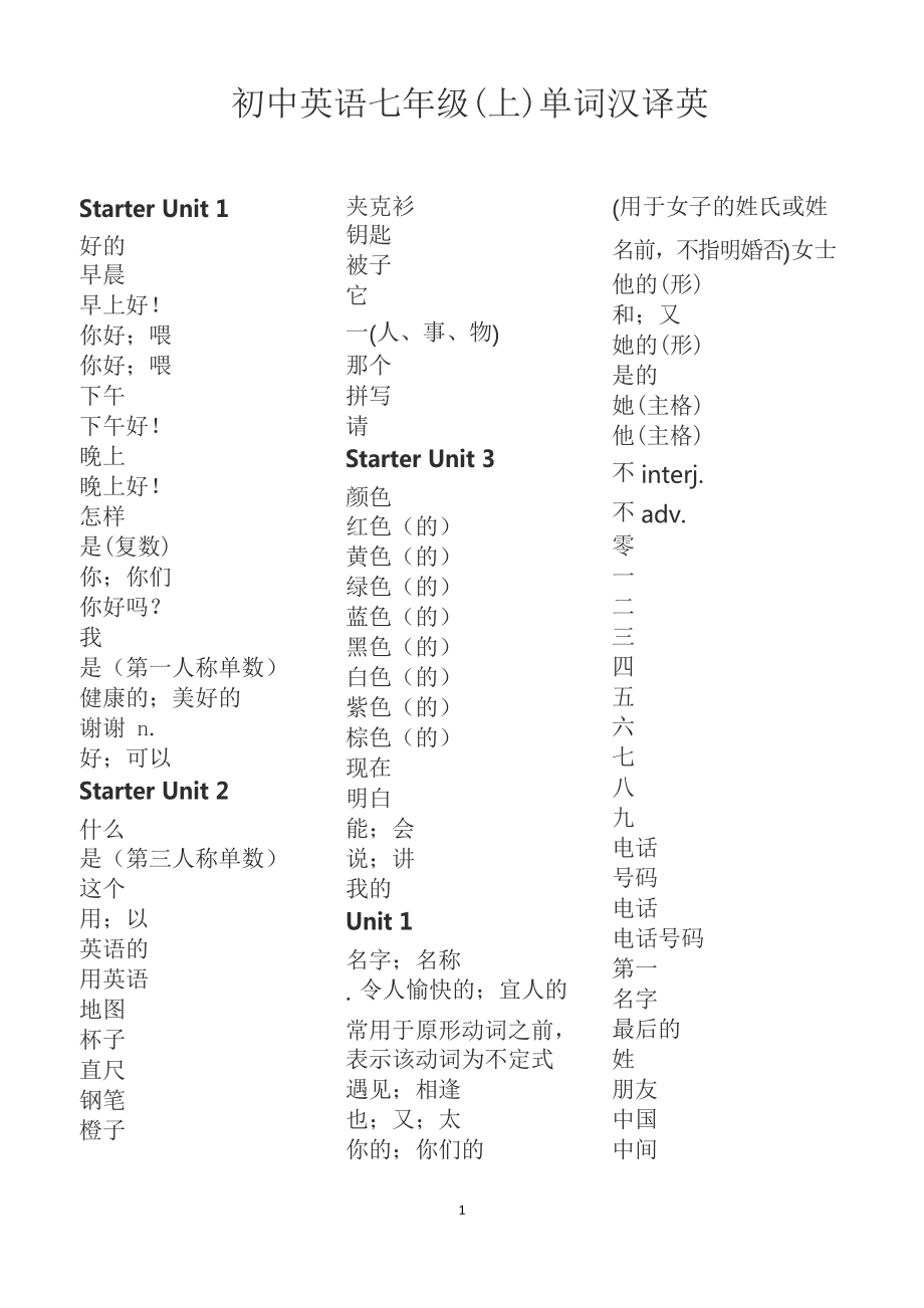 初中英語七年級上冊單詞漢譯英_第1頁