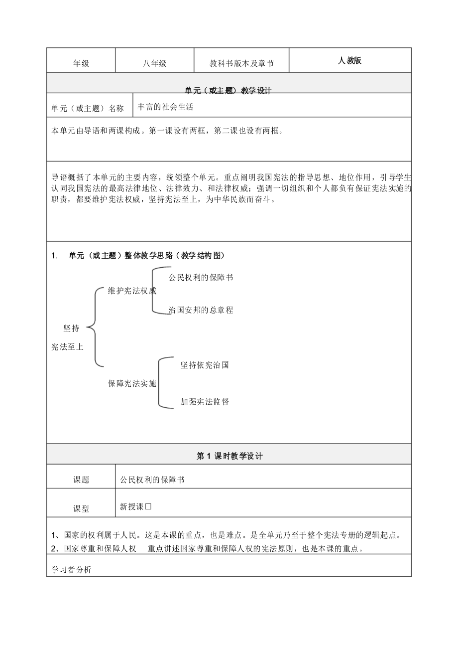 單元教學(xué)設(shè)計(jì) 《堅(jiān)持憲法至上》教學(xué)設(shè)計(jì)-優(yōu)秀教案_第1頁(yè)