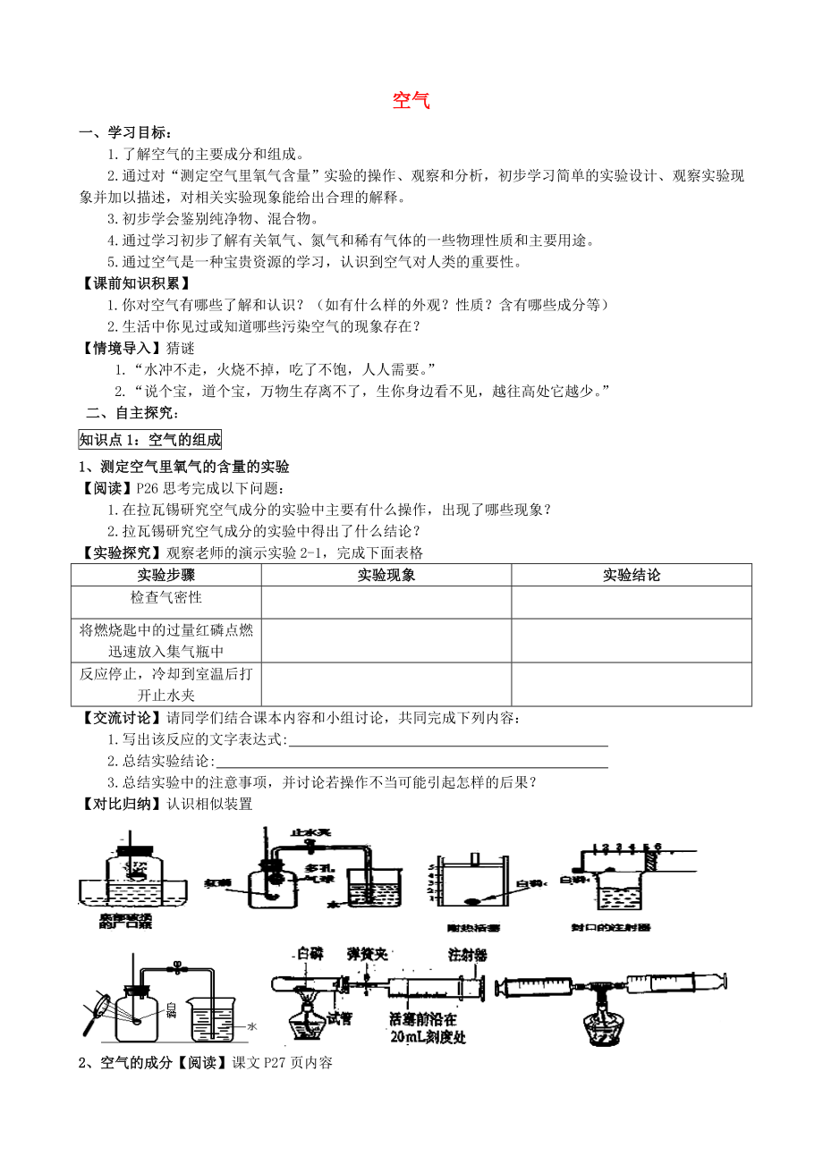 2014-2015學(xué)年九年級化學(xué)上冊 第二單元 課題1 空氣導(dǎo)學(xué)案（無答案）（新版）新人教版_第1頁