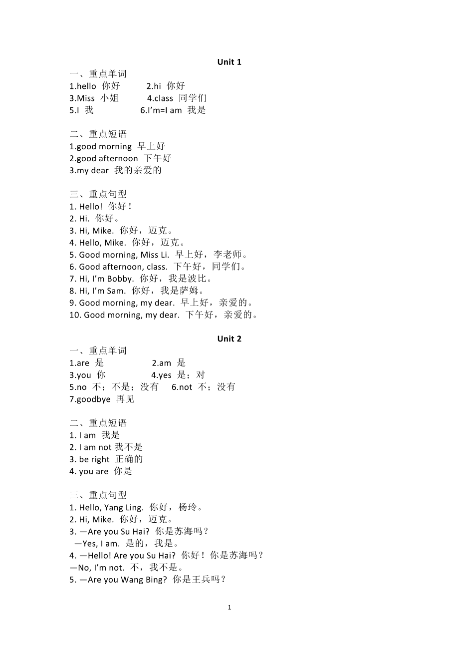 新版-牛津譯林版 三年級上冊英語 Unit 1-Unit 8 單元知識匯總_第1頁