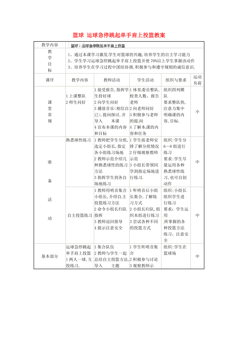 安徽省滁州二中九年級(jí)體育 籃球 運(yùn)球急停跳起單手肩上投籃教案_第1頁(yè)