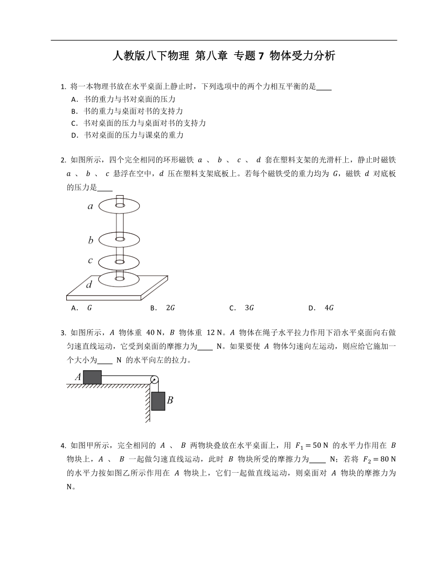 人教版八年級(jí)下學(xué)期物理 第八章 專(zhuān)題7 物體受力分析_第1頁(yè)