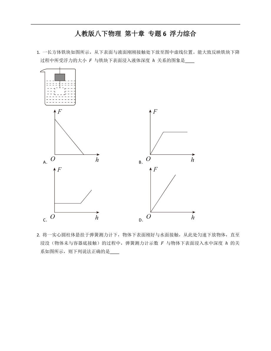 人教版八年级下学期物理 第十章 专题6 浮力综合_第1页