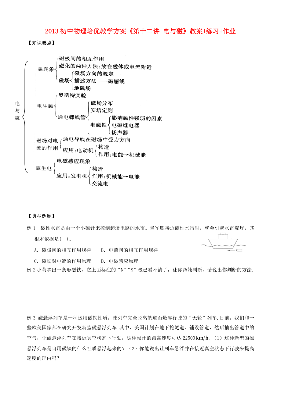 2013年初中物理 培優(yōu)教學(xué)方案 第十二講《電與磁》教案+練習(xí)+作業(yè)（無答案）_第1頁