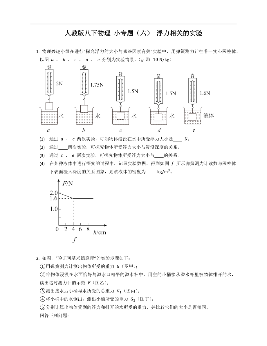 人教版八年級(jí)下學(xué)期物理 小專題（六） 浮力相關(guān)的實(shí)驗(yàn)_第1頁(yè)