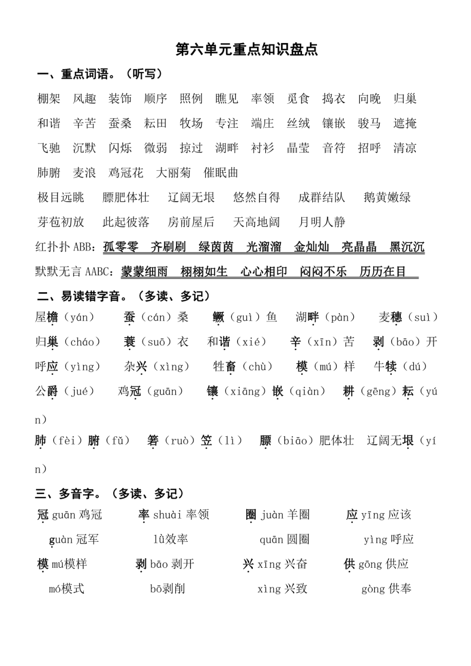 小学语文四年级下册 语文第六单元重点知识盘点_第1页