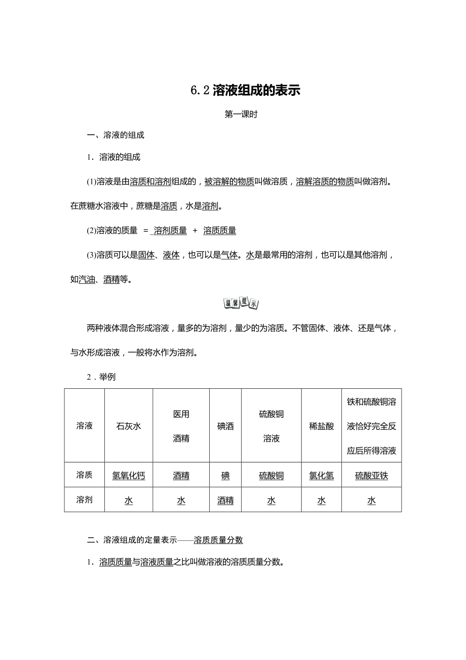 滬教版化學(xué)九年級(jí)下冊(cè) 第6章 第2節(jié) 溶液組成的表示學(xué)案_第1頁(yè)